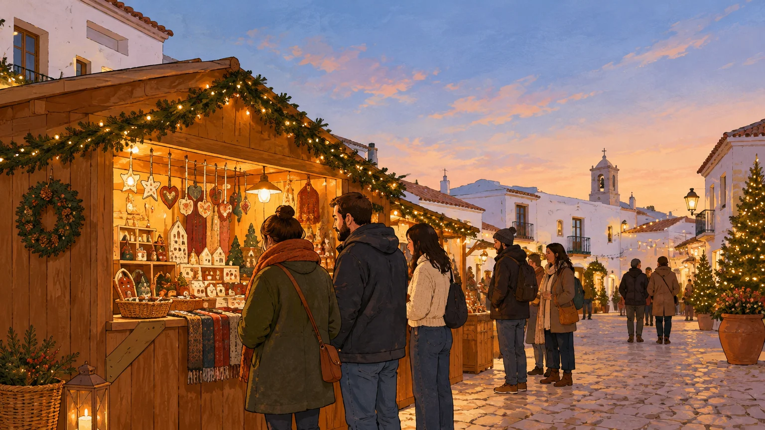 A festive market stall on an Algarve square at dusk, with white buildings and visitors in the background.