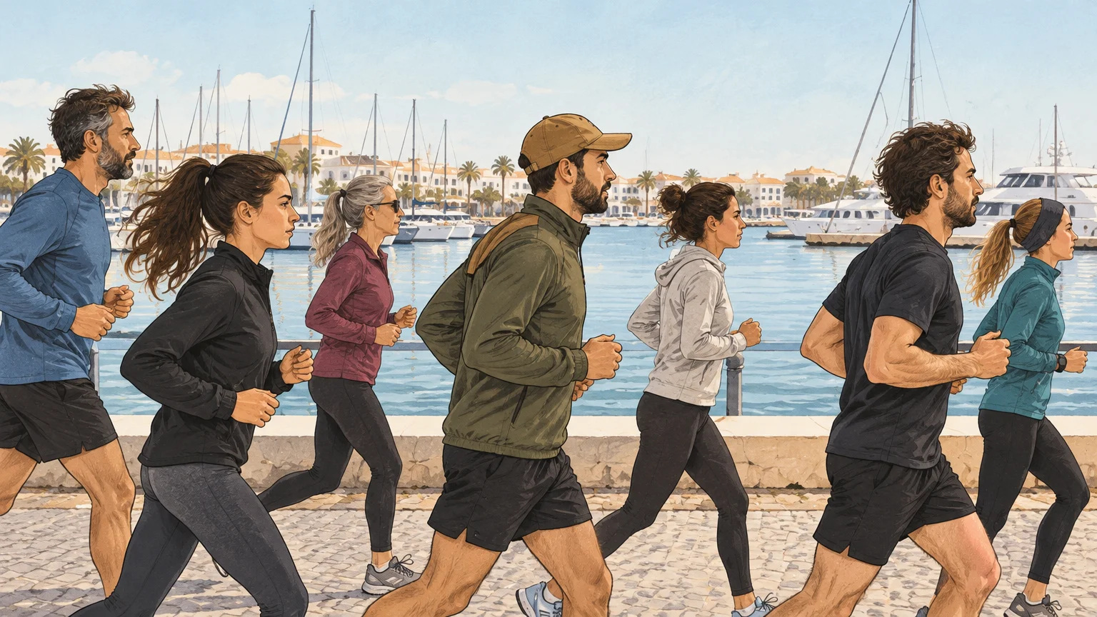 Adults running along a marina waterfront during a winter race.