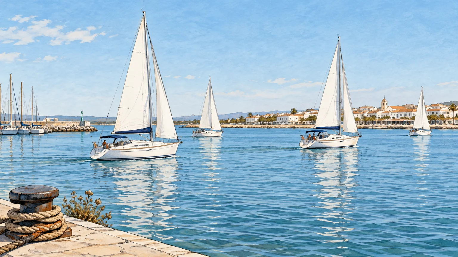 Sailboats moving across a calm Algarve marina in natural winter light.